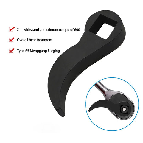 Ultra Compact Crowbar Adapter Head For Tight Spaces with square mouth, Type 65 Menggang Forging, attached to a ratchet, black finish.
