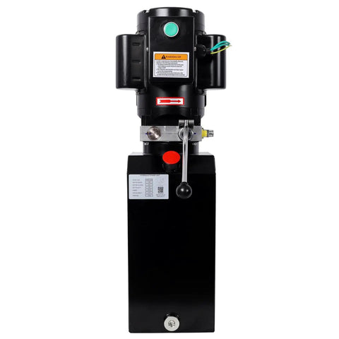 Heavy-Duty Hydraulic Power Unit Pump 220V Single Phase, front view showcasing motor, tank, and control lever for auto lifts.