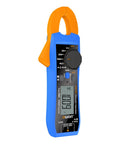 Compact Digital Clamp Meter 100A True RMS Multimeter For DIY Pros Testing AC DC Current And Voltage Plus Resistance Capacitance Diode Test And Non Contact Voltage NCV Ammeter shown with orange clamp and blue body.
