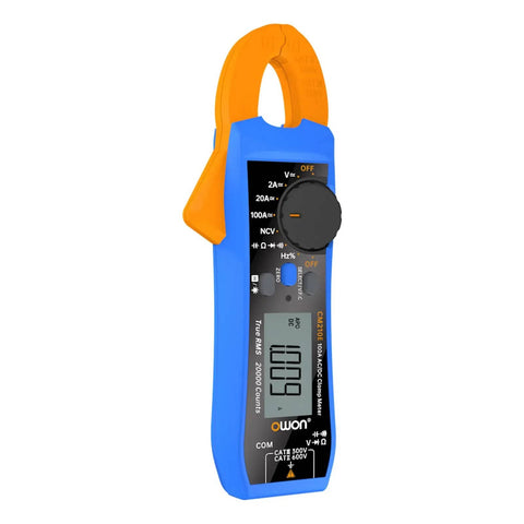 Compact Digital Clamp Meter 100A True RMS Multimeter For DIY Pros Testing AC DC Current And Voltage Plus Resistance Capacitance Diode Test And Non Contact Voltage NCV Ammeter shown with orange clamp and blue body.