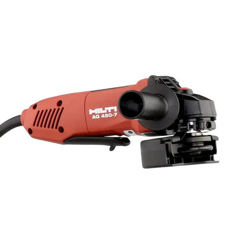 7 Amp 4.5 Inch Angle Grinder With Dead Man Switch, red ergonomic grip, quick guard, side view showing disc attachment.