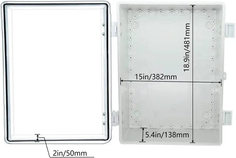 Open view of Outdoor IP67 Waterproof Electrical Junction Box Built For The Elements With Large ABS Enclosure and dimensions shown