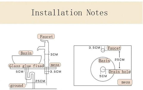 Installation notes diagram for Top Shelf Above Counter Vessel Sink For Modern Bathroom Vanity High Gloss Art Porcelain Wash Basin Built Tough Ceramic Craftsmanship And No Sweat Install 40X15 Cm Slick Finish.