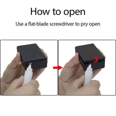 5 Pack Plastic Project Boxes Junction Case For Electronics Black External 3.1 In X 2.0 In X 1.0 In Internal 2.95 In X 1.77 In X 0.79 In Durable DIY Electronics Enclosure For Small Projects being opened with a screwdriver