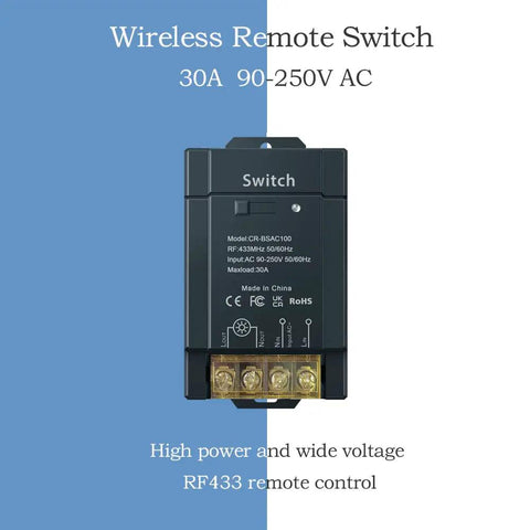 Beefy Wireless Remote Switch for Home, Farm and Workshop Lighting and Appliances shown with power specifications and connectors.