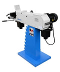 Pro Grade Heavy Duty Industrial Tube And Profile End Belt Grinder 4 X 78 Inch High Speed Metalworking Sander 3 Phase 220 Volt 3410 RPM on blue stand