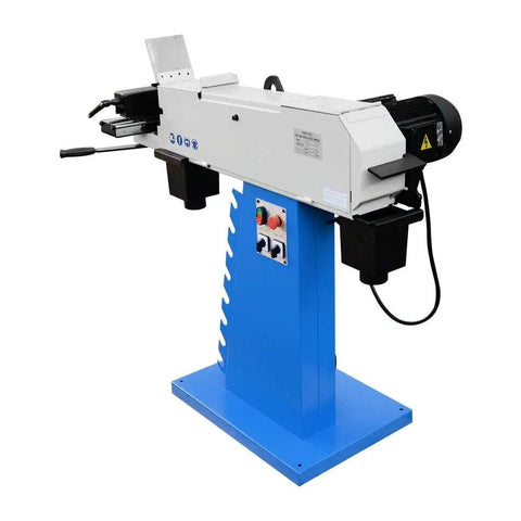 Pro Grade Heavy Duty Industrial Tube And Profile End Belt Grinder 4 X 78 Inch High Speed Metalworking Sander 3 Phase 220 Volt 3410 RPM on blue stand