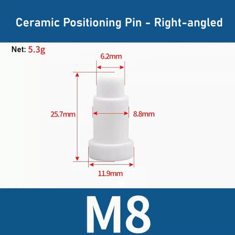 Ceramic Positioning Pin Right Angled M8 25.7mm height, insulated, rust resistant, designed for spot welding precision.