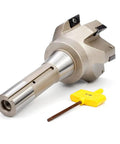 Beefy Heavy Duty Indexable End Mill With R8 Shank And 3 Inch Cutting Diameter For Milling, Six Flutes, shown on white background