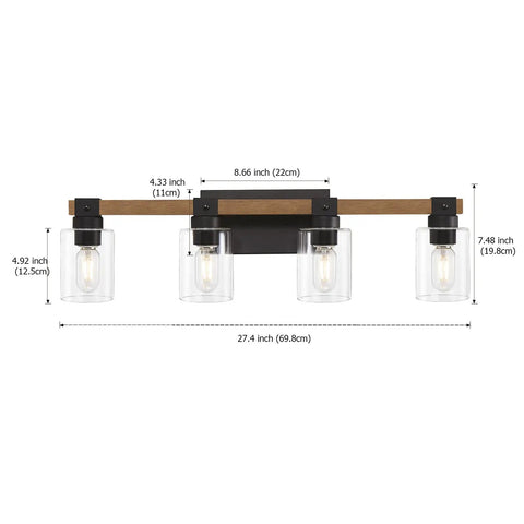 4 Light Farmhouse Bathroom Vanity Light Fixtures With Antique Wood Finish And Clear Glass Shades Over Mirror
