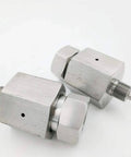 Two aluminum water jet adapters 9/16F-1/4M with threaded ends for water jet cutting machines.