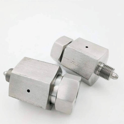 Two aluminum water jet adapters 9/16F-1/4M with threaded ends for water jet cutting machines.