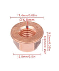 Heavy Duty 12 Pack M8 Hex Nuts For Exhaust Manifold Copper Flashed Engine Hardware High Heat Resistant Fastener Kit close-up of copper hex nut with measurements.