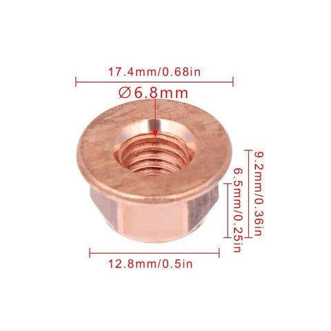 Heavy Duty 12 Pack M8 Hex Nuts For Exhaust Manifold Copper Flashed Engine Hardware High Heat Resistant Fastener Kit close-up of copper hex nut with measurements.