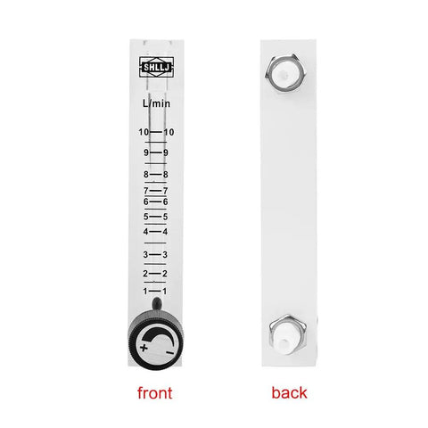 Gas Flow Meter 1 To 10 LPM With Control Valve For Oxygen And Air, Transparent Acrylic Meter With 8mm Hose Barb, Unidirectional Flow Gauge, Plug And Play Gas Measurement Tool For Lab Or Workshop, front and back view
