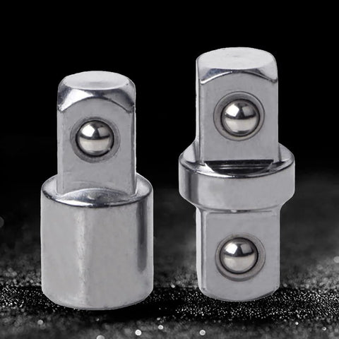 Two chrome-plated 3/8-inch drive socket adapters with ball detents; metal extension heads
