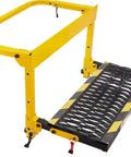 Hella Sturdy Folding Tire Step For Tesla Cybertruck Crew Featuring Heavy Duty Steel Frame With Grippy Steps To Make Garage Work A Total Slam Dunk This Week - close-up view of the yellow foldable step with textured tread.