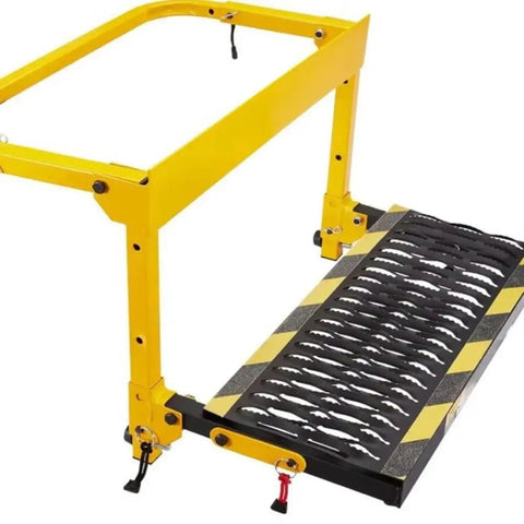 Hella Sturdy Folding Tire Step For Tesla Cybertruck Crew Featuring Heavy Duty Steel Frame With Grippy Steps To Make Garage Work A Total Slam Dunk This Week - close-up view of the yellow foldable step with textured tread.
