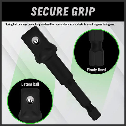 Close-up of 9-Piece Impact Socket Adapter Set For Impact Drivers, 1/4 Inch, 3/8 Inch, And 1/2 Inch with no-slip spring ball locking feature.