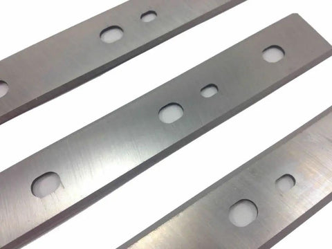 Close-up of 12-1/2 Inch Planer Blades Replacement Set For DeWalt DW734 And DW7342, showing double-edged M2 high speed steel blades.