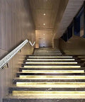 Clear Acrylic Stair Rail With Elegant Gold Brackets Adjustable Handrail Kit For Indoor Outdoor Rooms Slick Look Top Shelf Home Flex Easy Install Four Point Five Feet visible on modern staircase, showcasing gold mounts and transparent railing.