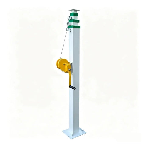 Smooth Crank 3 To 9 M Manual Telescoping Aluminum Mast With Geared Hand Winch White Support Rig side view with yellow winch handle.