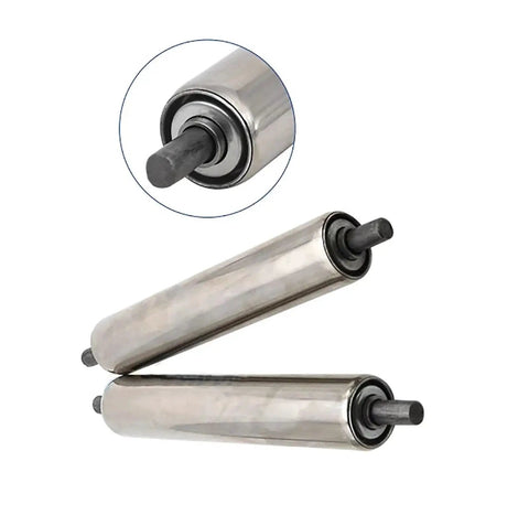 Heavy Duty Stainless Steel Roller For Industrial Conveyor Belts Rust Proof Assembly Line Parts, smooth gliding, shown from two angles.