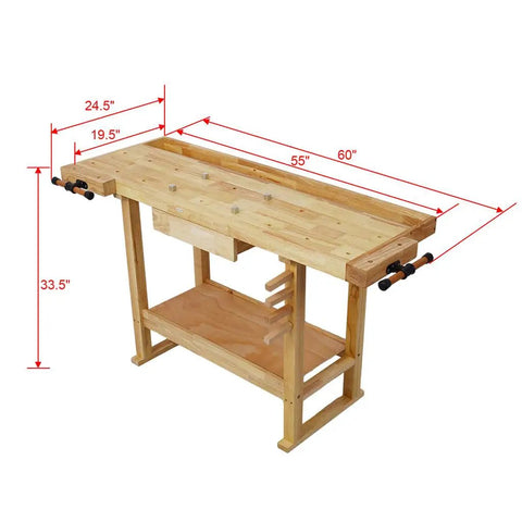 60 Inch Solid Rubber Wood Workbench With Drawer, Storage Shelf And Adjustable Handles, Beefy 330 Lbs Capacity Garage Workshop Tool Bench For Woodworking