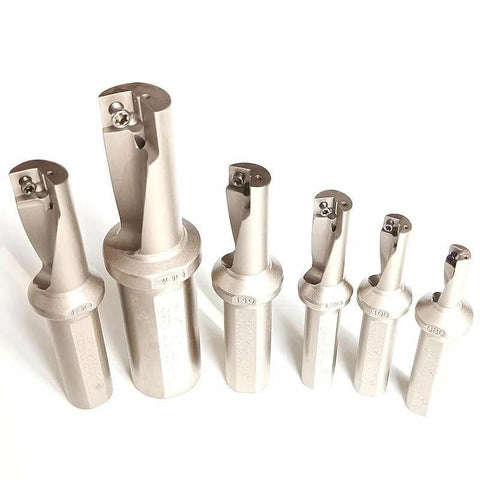 Set of stainless steel U-drill tools for CNC lathe, assorted diameters 8-20 mm.