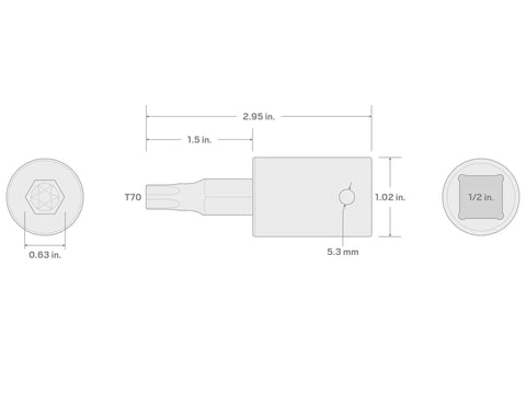 Technical drawing of Half Inch Drive T70 Torx Impact Bit Socket With S2 Steel Six Lobed Torx Tip, showing dimensions and design.