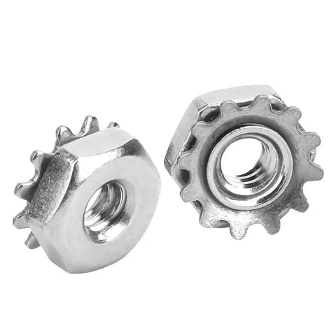 Rock Solid 100 Steel Toothed Nuts With Star Washers 6 32 Thread Locking Hardware, silver steel fasteners for industrial use.