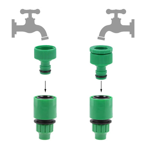 Easy Plug And Play Garden Hose Fittings Kit 1/2 To 3/4 Inch Faucet Tap Connector Adapters For G1/2 G3/4 Thread Fits 4/7mm And 8/12mm OD Tubing For Irrigation Lawn Patio Greenhouse 5 Pack, green plastic faucet adapter