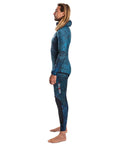 Side view of man wearing 2mm Hooded Wetsuit 2-Piece Nylon Camouflage Blue For Spearfishing And Freediving, Size 2XL
