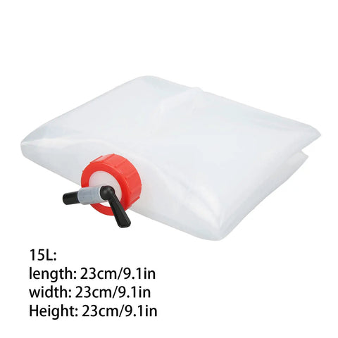5L Collapsible Water Container With Tap showing compact folded state and red valve, BPA Free PP PE, ideal for camping.