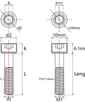 Technical diagram of Titanium M7x40 43mm Hex Socket Head Bolts 1.0mm Pitch Pack of 2 Black Grade 5 6AL-4V Allen Bolts.