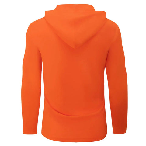 Back view of an orange UPF Fifty Plus Long Sleeve Sun Protection Shirt With Hooded Rash Guard Five Pack for outdoor athletes.