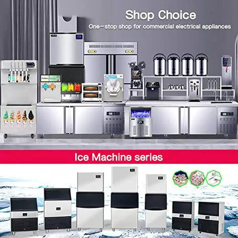 No Sweat Commercial Ice Maker Cranking Out 1485 Lbs Of Granular Ice Daily With A Massive 1100 Pound Storage Bin And Water Filter Plus Scoop Built Right In For Bars And Restaurants displayed among various commercial kitchen appliances.