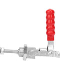 Knockout Slick Stainless Steel Push Pull Toggle Clamp With Quick Release Handle For Garage Shop Woodworking Jigs And Workshop Fixtures Compact Heavy Duty Tool, detailed view with red handle.