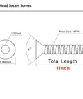 Diagram showing Flat Head Socket Cap Screws 3/8-16 Inch, 1 Inch Length, Fully Threaded Countersunk Bolts With Allen Hex Drive specifications.