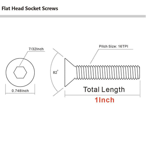 Diagram showing Flat Head Socket Cap Screws 3/8-16 Inch, 1 Inch Length, Fully Threaded Countersunk Bolts With Allen Hex Drive specifications.