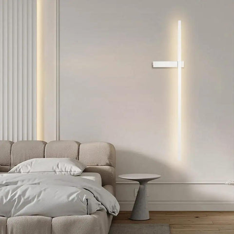 POJGVU Minimalist Led Wall Light Fixture Linear Wall Sconce Lighting Indoor Wall Wash Lamp Geometric Hardwired Sconces Living Room Background Wall Lights Bedroom Wall Lamps,White-62.5cm on a grey wall beside a beige sofa.