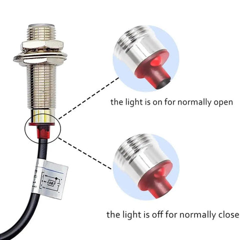 NJK-5002C Hall Effect Proximity Sensor 10mm Detection, NPN NO Output, M12 Diameter, showing light indicator states