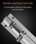 Close-up of a Stainless Steel Slide Barrel Bolt 4 Pack for Gates Cabinets Windows Fences showing smooth silver finish and detailed design.