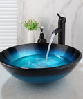 Blue Glass Vessel Bathroom Sink Set With Round Countertop Basin, Black Mixer Faucet And Pop Up Drain, Dope Modern Durable Vessel Sink Kit