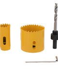 Upgrade Your Home With This Ultimate 1 3/8 To 1 34 Inch Door Lock Installation Kit Including Guide Template, High Speed Steel Hole Saws And Drill Bit For A Smooth Wood Job. HSS hole saws, drill bit, and wrench on white background