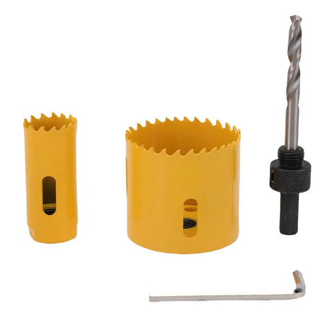 Upgrade Your Home With This Ultimate 1 3/8 To 1 34 Inch Door Lock Installation Kit Including Guide Template, High Speed Steel Hole Saws And Drill Bit For A Smooth Wood Job. HSS hole saws, drill bit, and wrench on white background