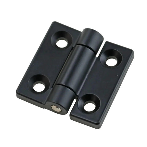 Door hinge, front view, black zinc alloy with torque damper, 1.0 N.m, four mounting holes