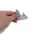 Rock Solid Metal Refrigerator Lower Hinge Assembly Two Piece Set for freezer and cooler doors held in hand, showing sleek design.