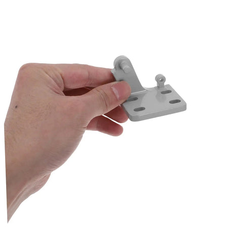 Rock Solid Metal Refrigerator Lower Hinge Assembly Two Piece Set for freezer and cooler doors held in hand, showing sleek design.