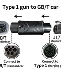 Type 1 To GBT EV Charger Adapter supports 32 Amp, showing connection points for J1772 and GB/T electric vehicle chargers.